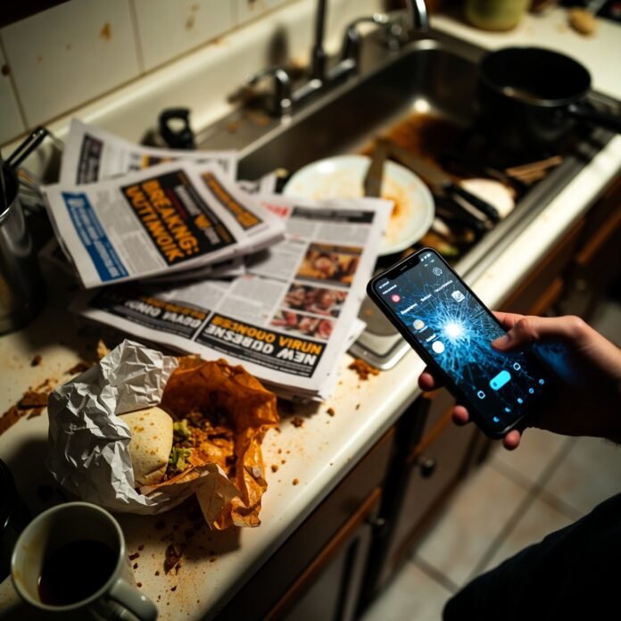 Messy kitchen counter with burrito wrapper and health alert papers