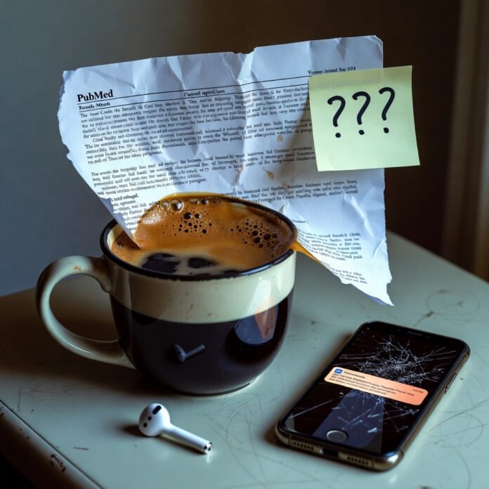Crumpled PubMed printout in coffee mug with ??? note