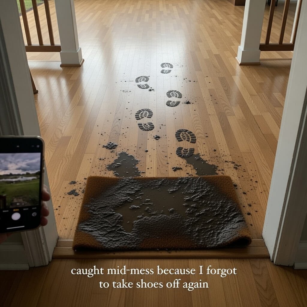 Soggy welcome mat with muddy footprints on hardwood floor.