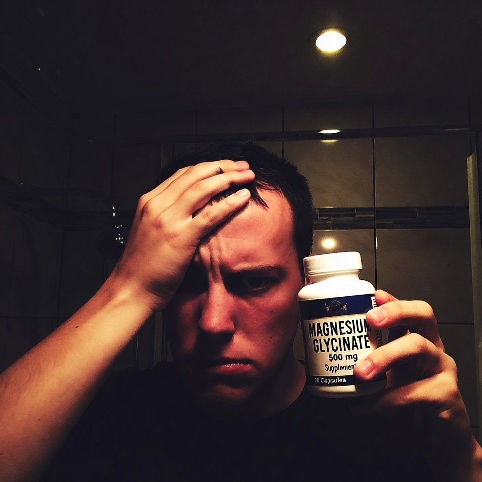 Skeptical bathroom selfie holding magnesium bottle