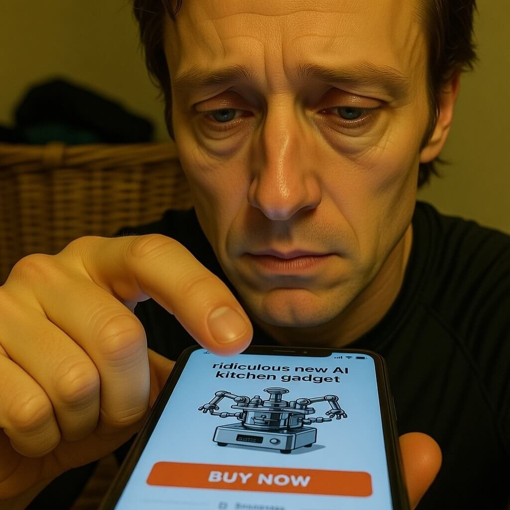 Thumb hovering over "Buy Now" on AI gadget screen