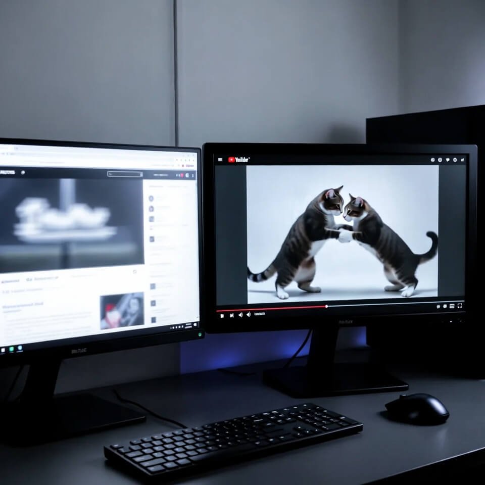 Blurry monitor showing Reuters beside paused cat fight video