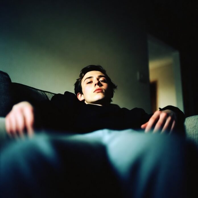 Exhausted man slouched on couch after game loss