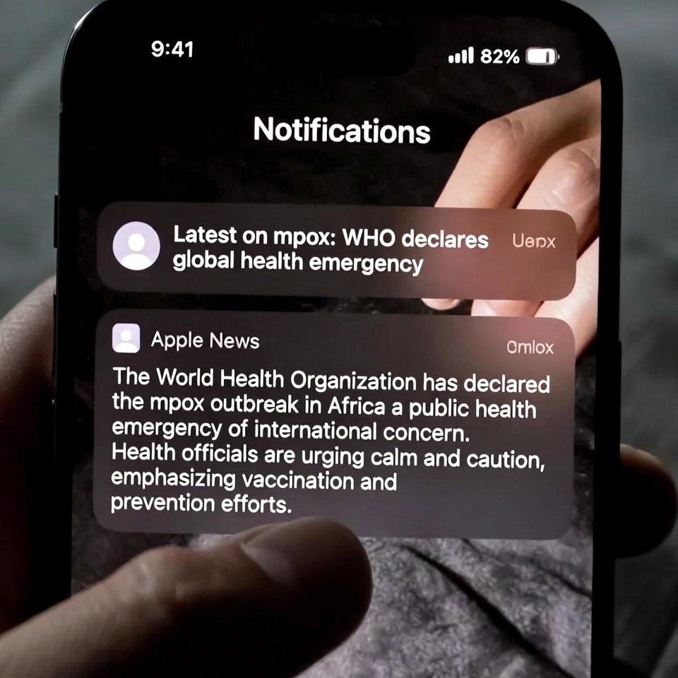 Phone screen showing mpox news notification, thumb hovering