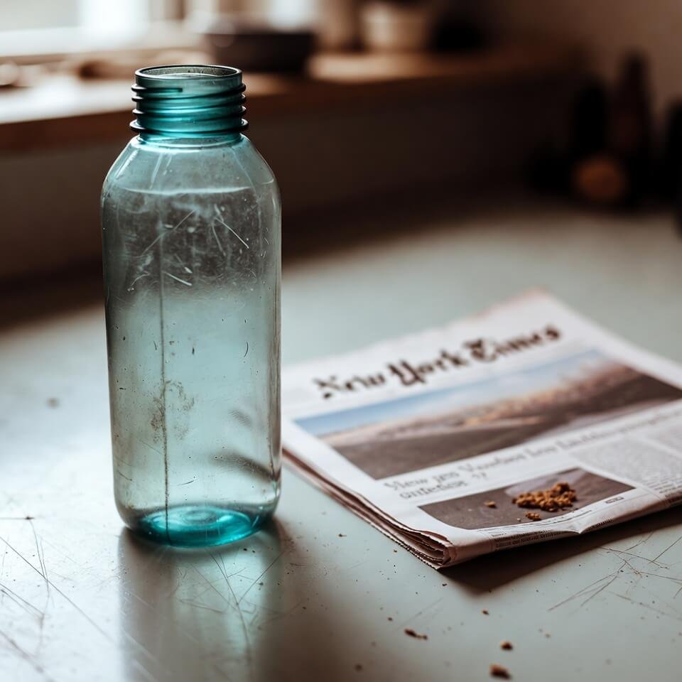 Beat-up water bottle beside untouched New York Times newspaper on scratched table.