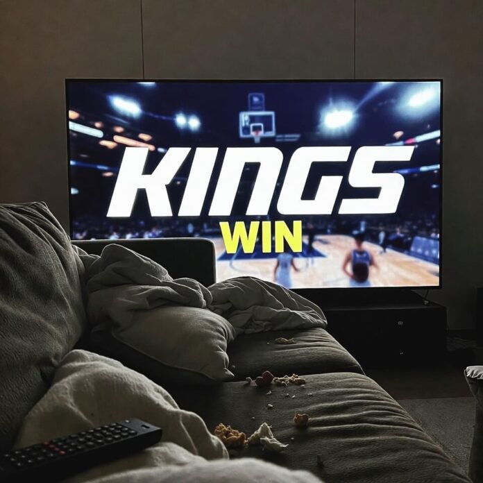 Messy couch with TV showing "KINGS WIN" graphic and scattered chips Messy couch with TV showing "KINGS WIN" graphic and scattered chips