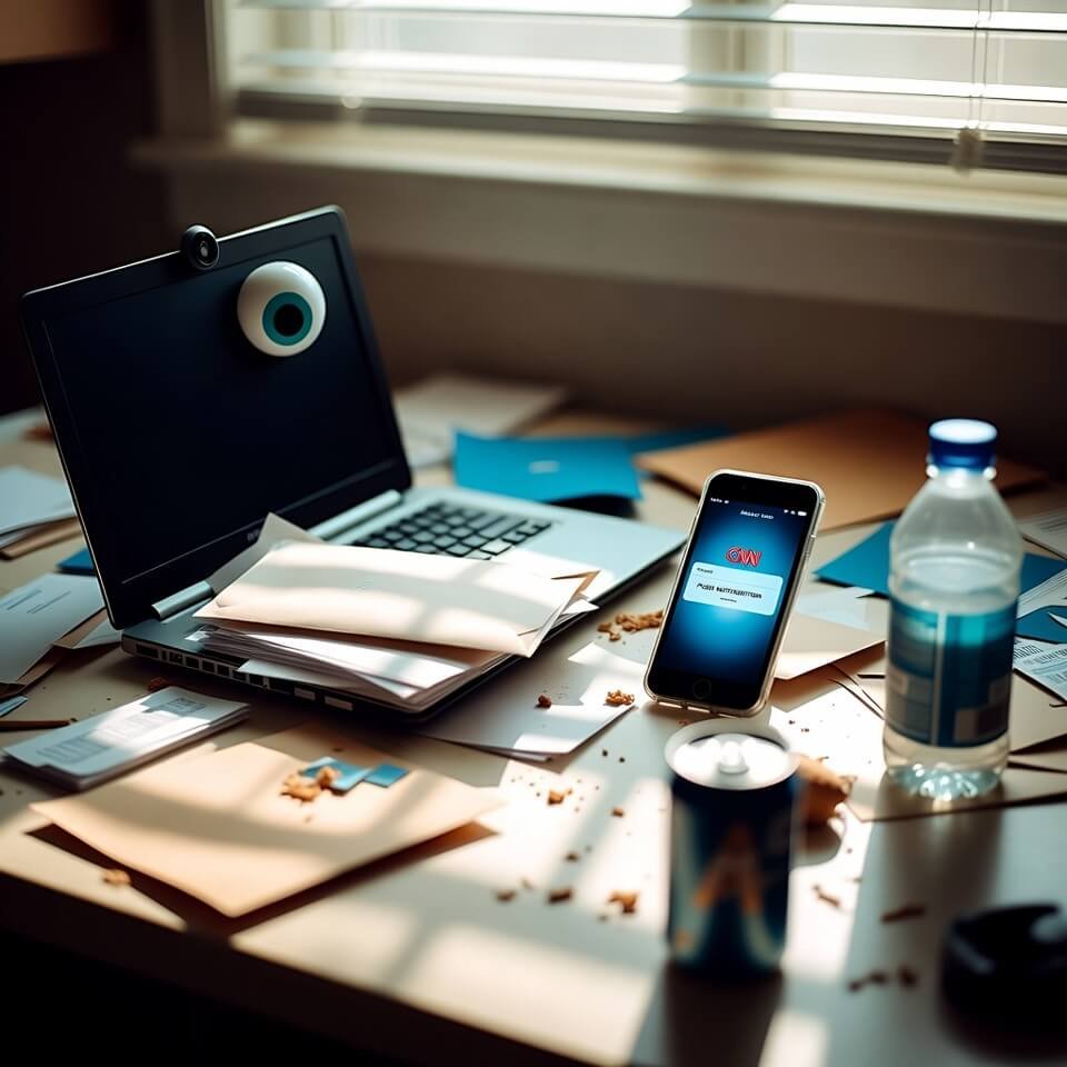 Cluttered kitchen table with laptop, mail, CNN alert, crumbs.