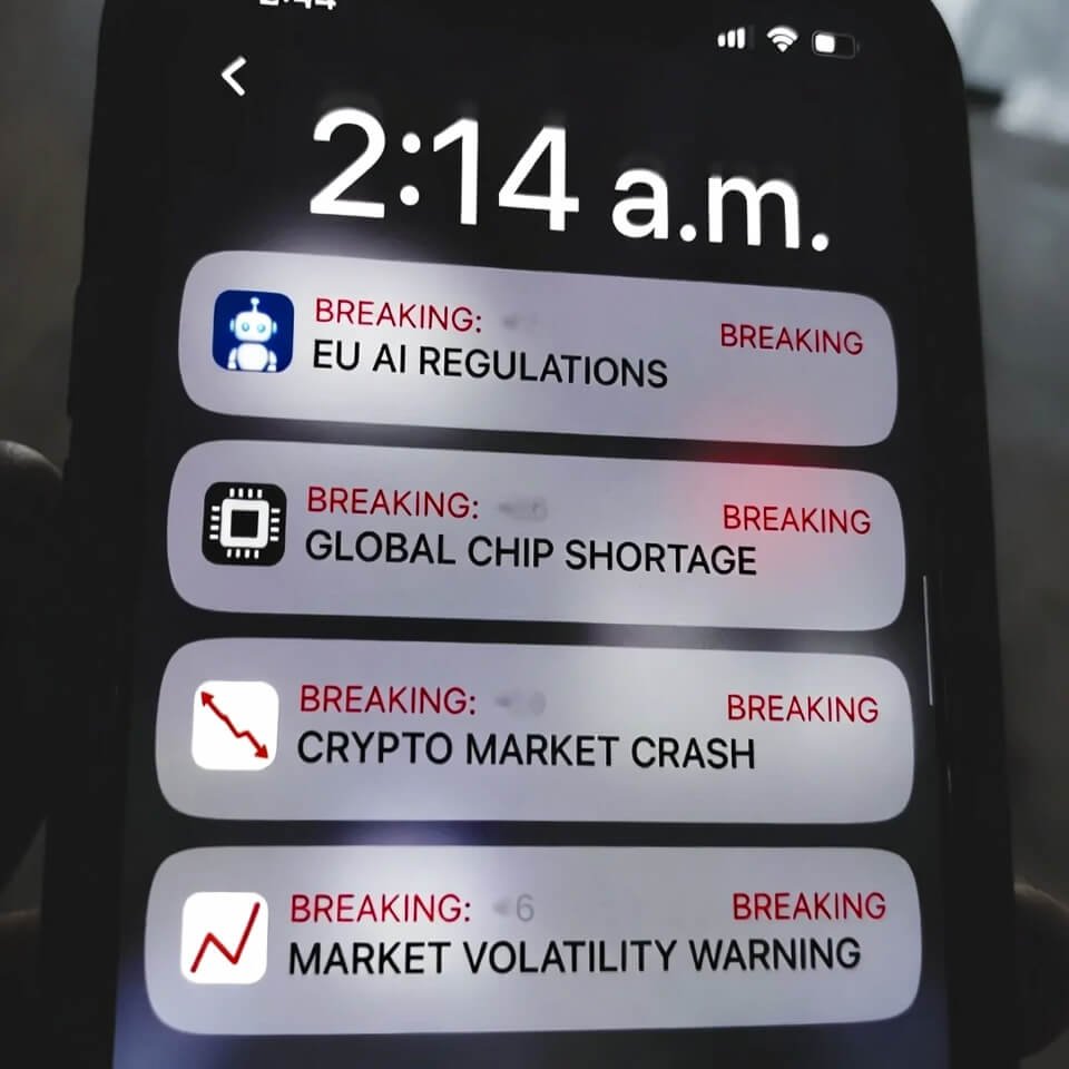 Blurry 2:14 a.m. notification shade with breaking alerts