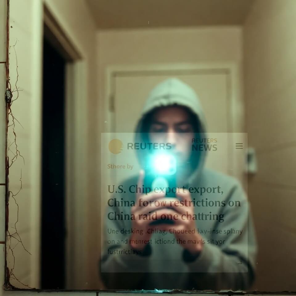Blurry bathroom mirror selfie, tired eyes, Reuters chip news reflection.