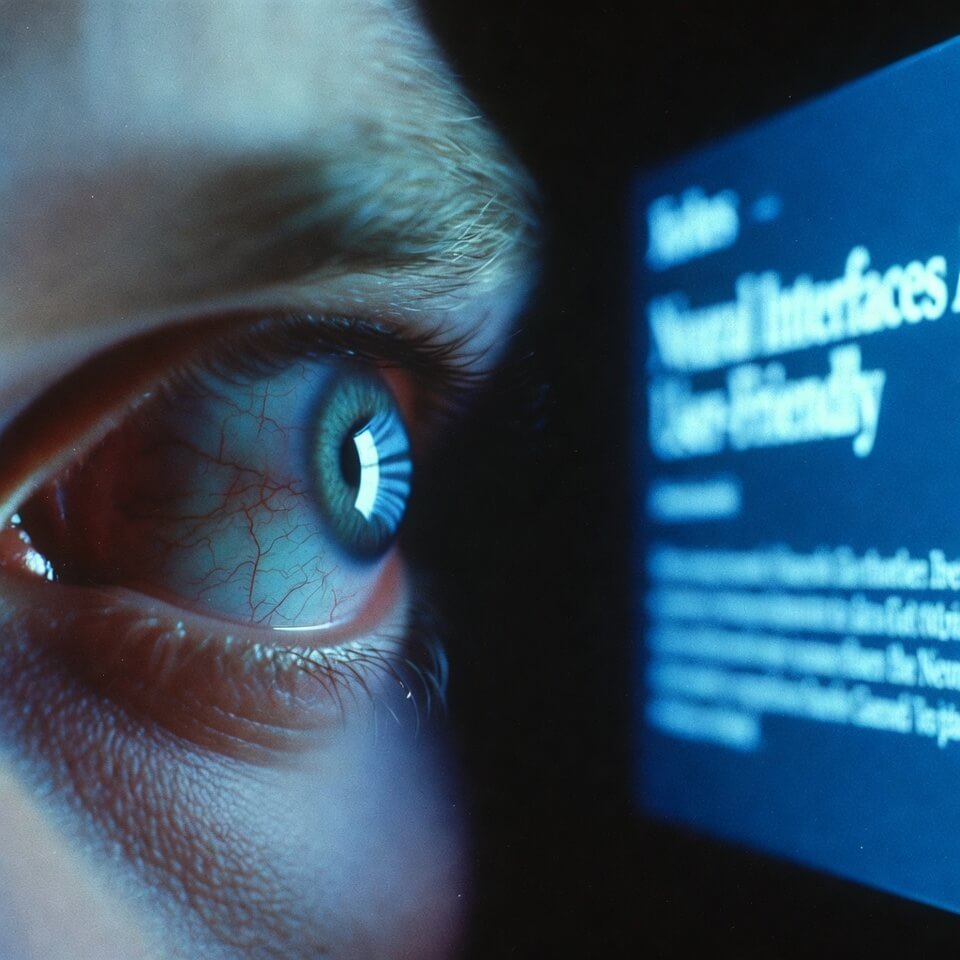 Bloodshot eye reflecting blue Forbes neural interfaces article