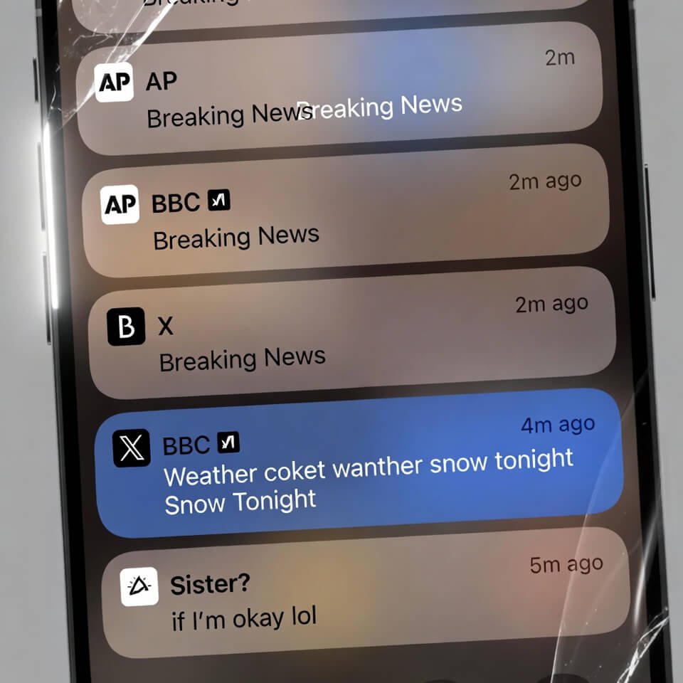 Phone lock screen with stacked breaking news and snow alert notifications.