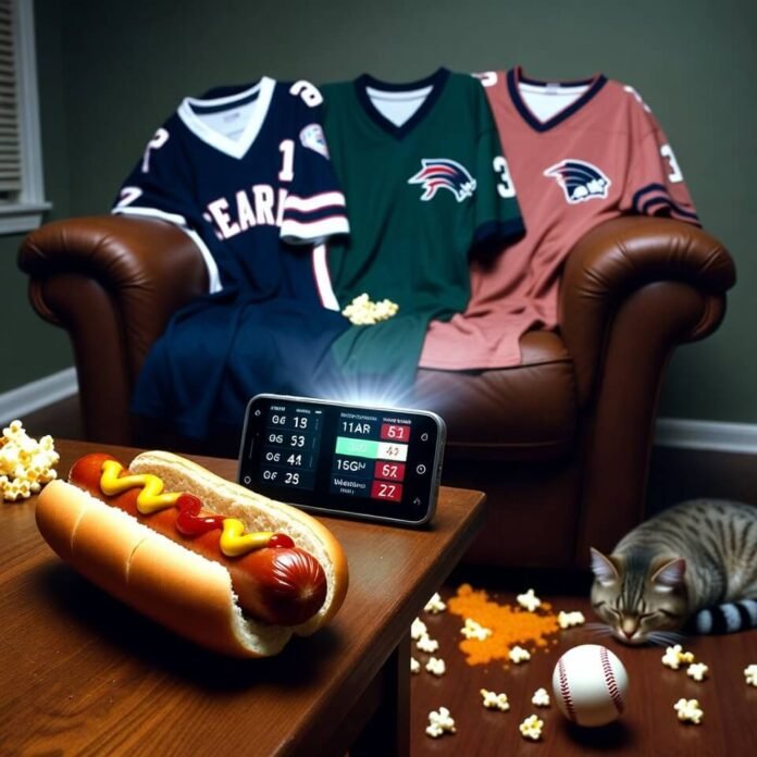 Half-eaten hot dog, sports jerseys, phone with scores, sleeping cat nearby.