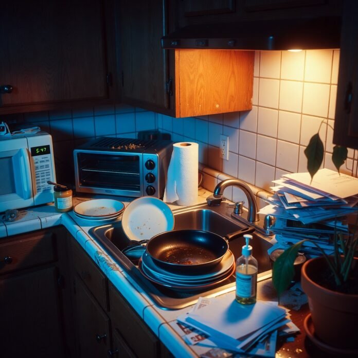 Cluttered late-night kitchen counter, dimly lit and tilted view