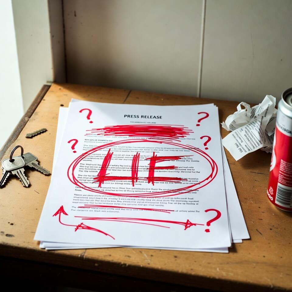Press release covered in angry red marker circles and "LIE"